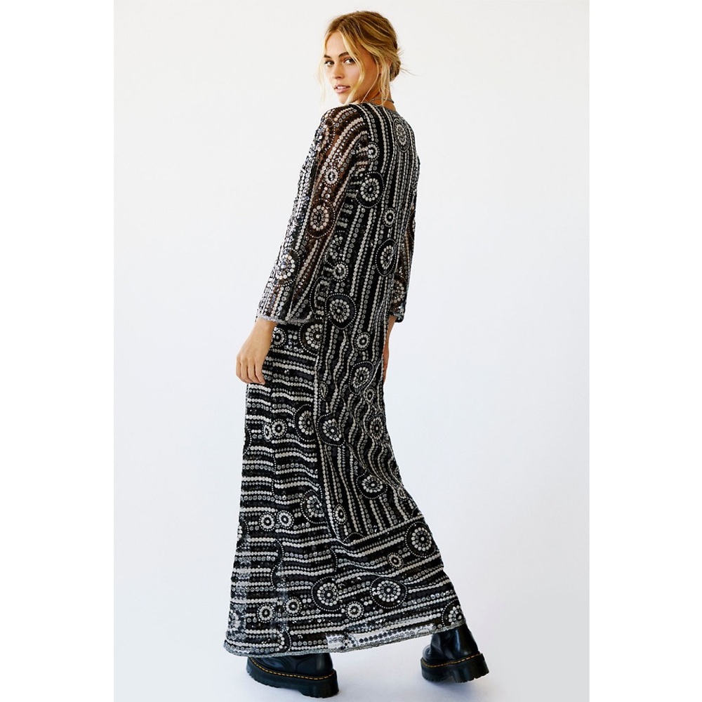 Free People Boho Black Silver Sequin Kaftan Maxi Dress NWT Anna Sui Flare P XS - Picture 3 of 3